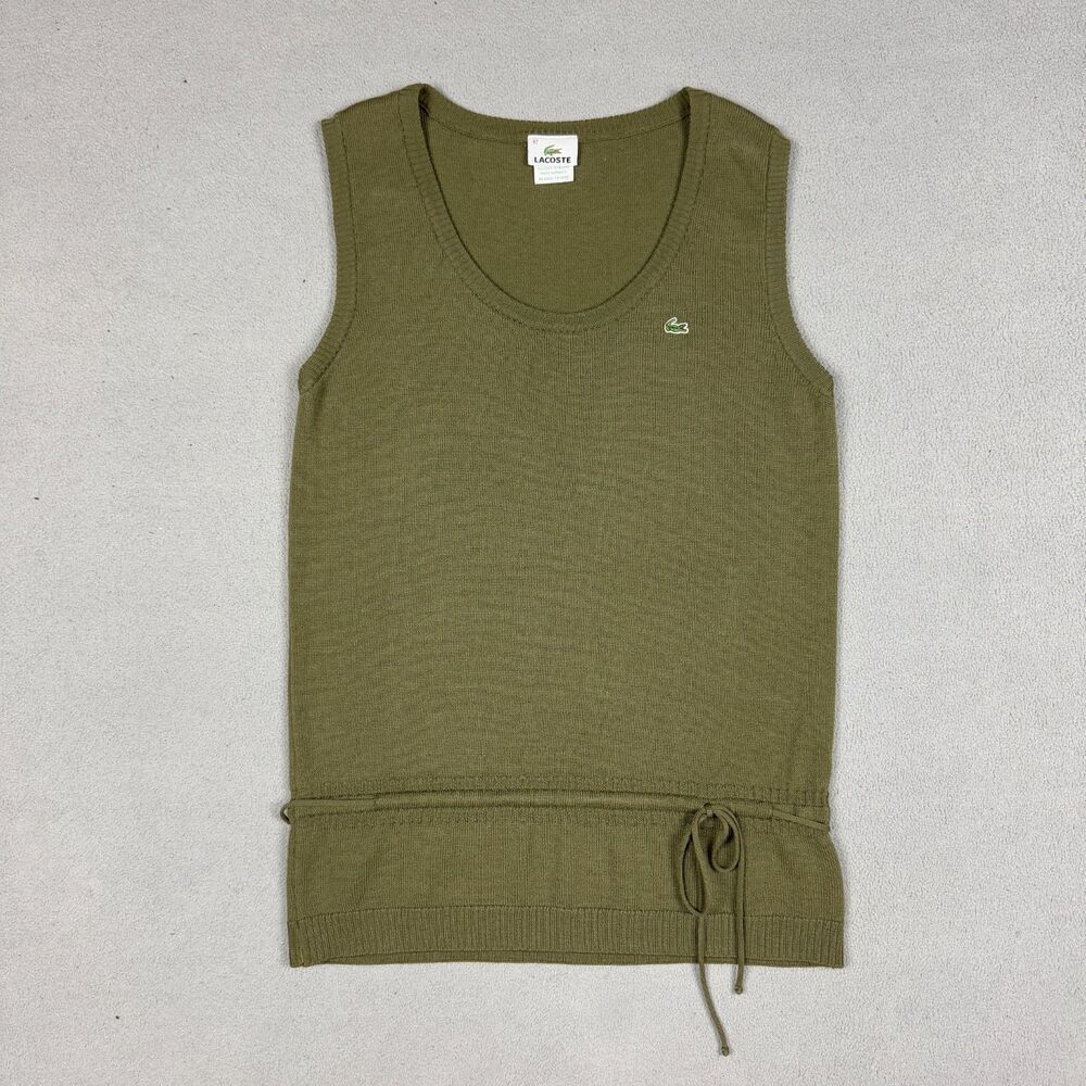 Vintage Lacoste Womens 42 Olive Knit Sleeveless Vest Top Made in France Longline